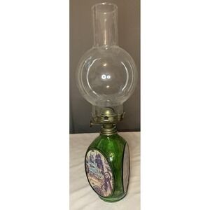 Vintage 3 Sided Green Oil Lamp w Wick & Unique Glass Chimney